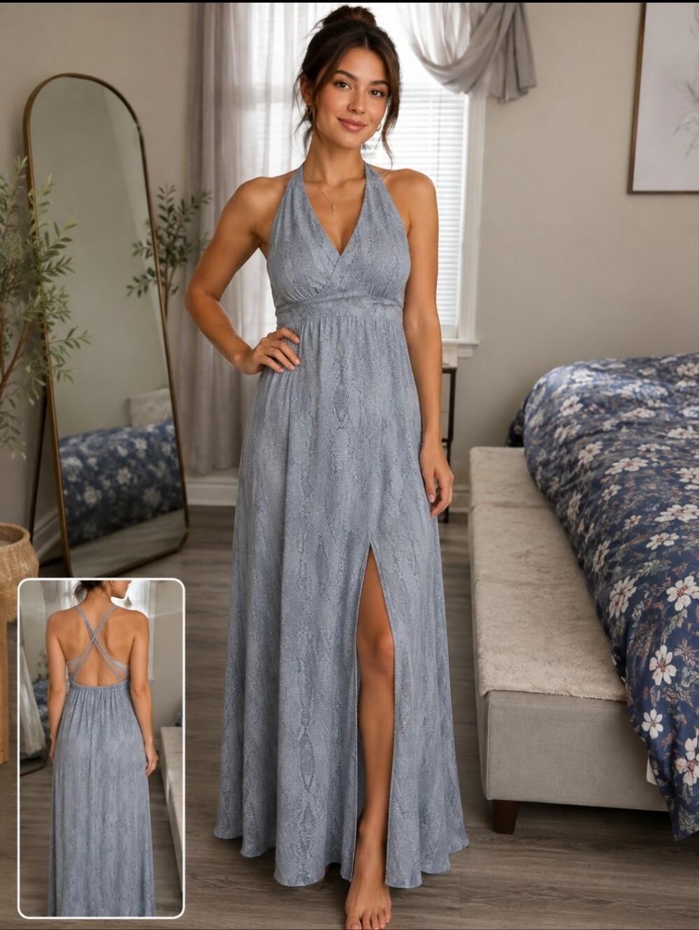 Mustard Seed Light Blue Crochet Maxi Dress